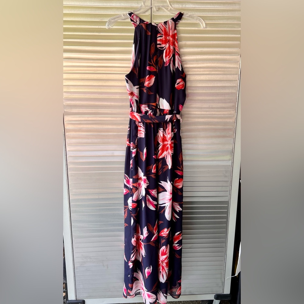 Dark Navy floral maxi dress with high neck.